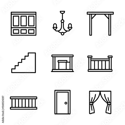 Courtroom Icon Set. Outline icon set of Courtroom Furniture and Fixtures (Unfilled): wooden panel walls, chandelier lighting,