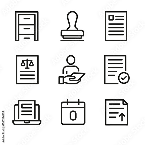 Court Filing Icons. Outline icon set of Court Filings and Procedures: filing cabinet, court clerk stamp, docket sheet, summons