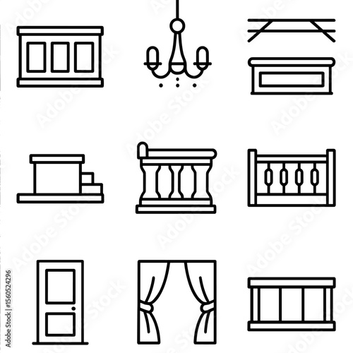 Courtroom Icon Set. Outline icon set of Courtroom Furniture and Fixtures (Unfilled): wooden panel walls, chandelier lighting,