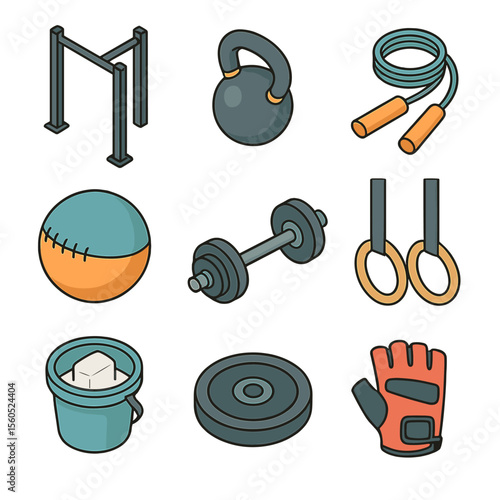 CrossFit Gear Icons. Isometric Flat icon set of CrossFit gear: pull-up bar, kettlebell, jump rope, wall ball, barbell, gymnastic