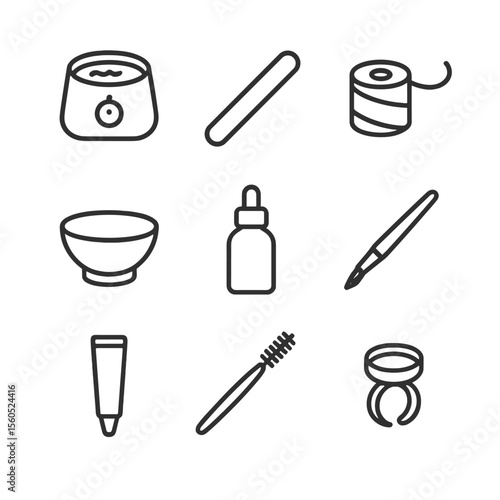 Brow Salon Tool Icons. Outline icon set of professional brow salon tools: wax heater pot, wooden applicator stick, threading