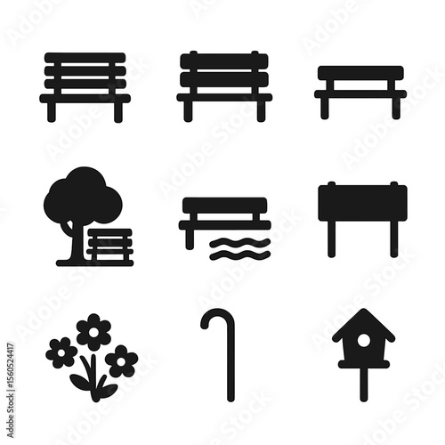 Bench Icon Set. Solid, filled icon set of bench settings: garden bench, bench with backrest, bench without backrest, bench under