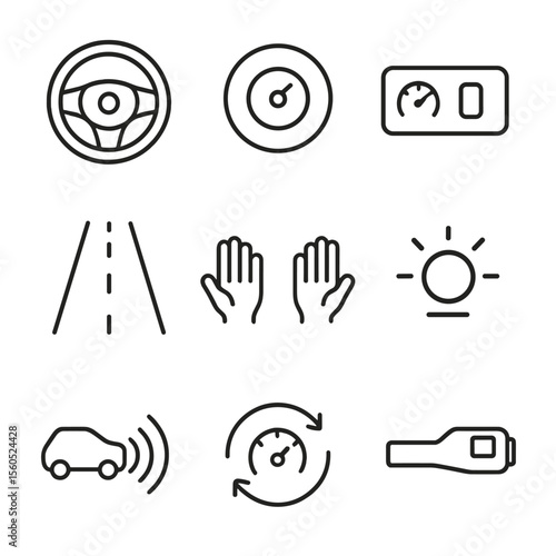 Cruise Control Icons. Outline icon set of cruise control POV: steering wheel, cruise control button, set speed display, road ahead