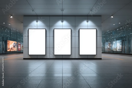 Modern empty interior space with three blank vertical billboards, ideal for advertising mockups in a futuristic station or concourse setting.