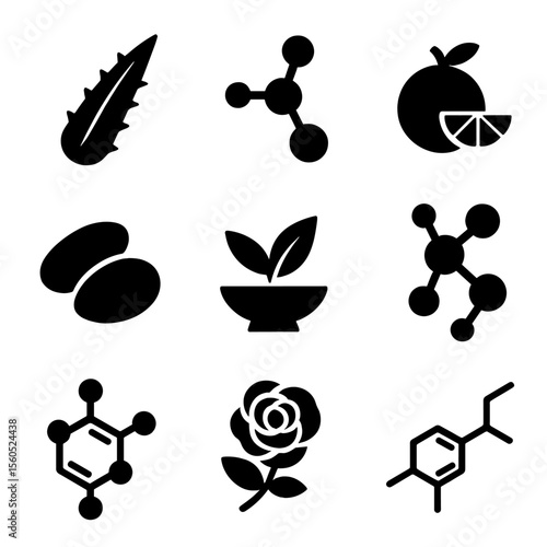 Beauty Ingredients Icons. Solid, filled icon set of beauty cream ingredients: aloe vera, hyaluronic acid, vitamin C, shea butter,