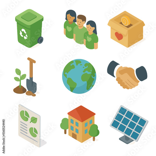 CSR Icon Set. Isometric Flat icon set of corporate social responsibility: recycling bin, volunteer group, donation box, tree