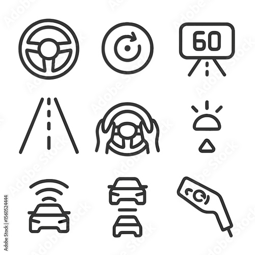 Cruise Control Icons. Outline icon set of cruise control POV: steering wheel, cruise control button, set speed display, road ahead