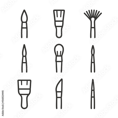 Brush Icon Set. Outline icon set of brush types for ink painting: round brush, flat brush, fan brush, liner brush, mop brush,