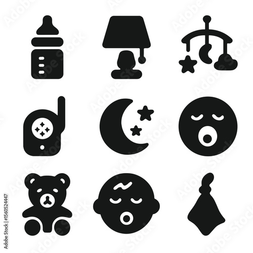 Bedtime Baby Icon Set. Solid, filled icon set of bedtime feeding: night bottle, dim light, lullaby mobile, baby monitor, moon icon