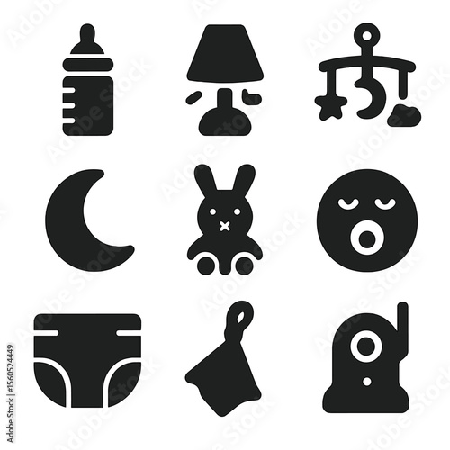 Bedtime Baby Icon Set. Solid, filled icon set of bedtime feeding: night bottle, dim light, lullaby mobile, baby monitor, moon icon