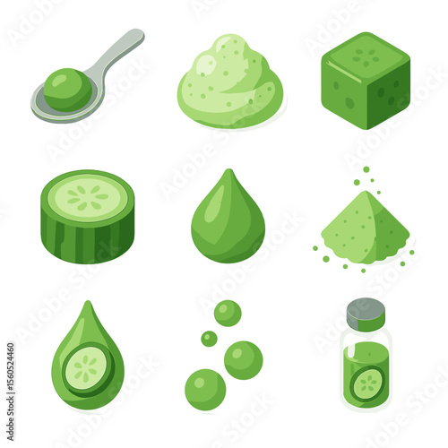 Cucumber Molecular Icons. Isometric Flat icon set of cucumber molecular gastronomy: cucumber sphere in spoon, cucumber foam dollop