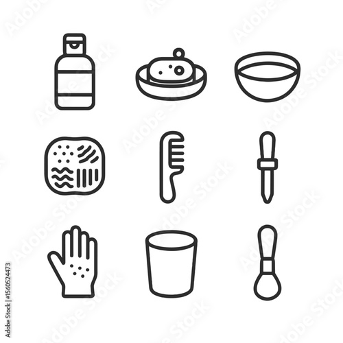 Brush Cleaning Essentials. Outline icon set of brush cleaning essentials: brush cleaner bottle, soap dish, water bowl, cleaning