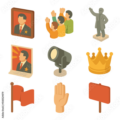 Cult Leader Icons. Isometric Flat icon set of cult of personality and leader worship: leader portrait, adoring crowd, statue,