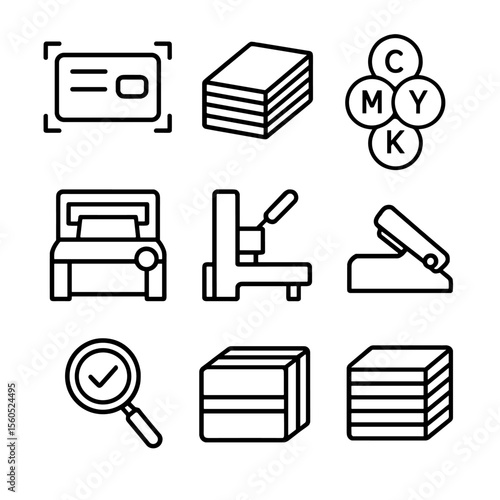 Business Card Icon Set. Outline icon set of business card printing process: vector file, bleed marks, paper stack, CMYK plates,