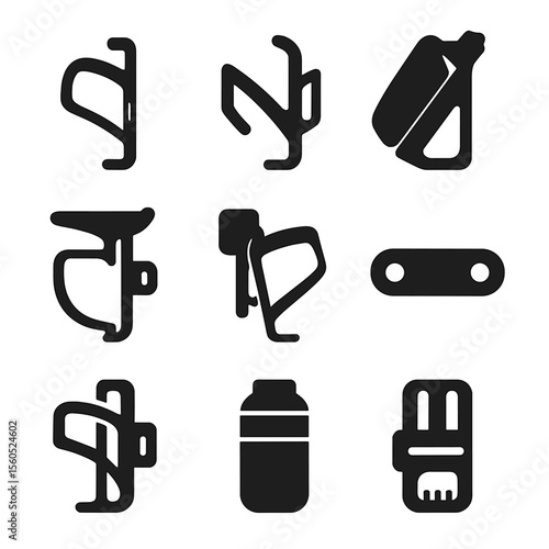 Bike Bottle Cage Icons. Solid, Filled icon set of bike bottle cages: road frame mount, mountain bike side cage, aero bottle holder