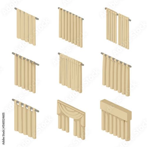 Curtain Style Icons. Isometric Flat icon set of curtain style types with linen: sheer linen panel, blackout linen drape,