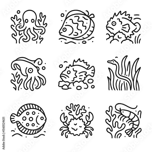Camouflage Sea Creatures Icons. Outline icon set of reef camouflage creatures: octopus blending, flounder sand pattern, stonefish