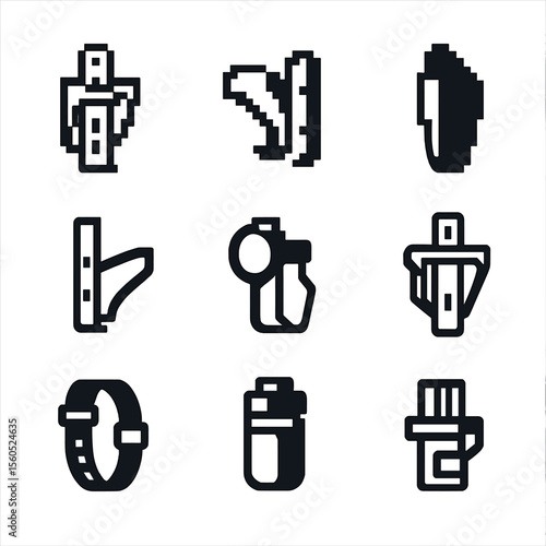 Bike Bottle Cage Icons. Pixel art icon set of bike bottle cages: road frame mount, mountain bike side cage, aero bottle holder,