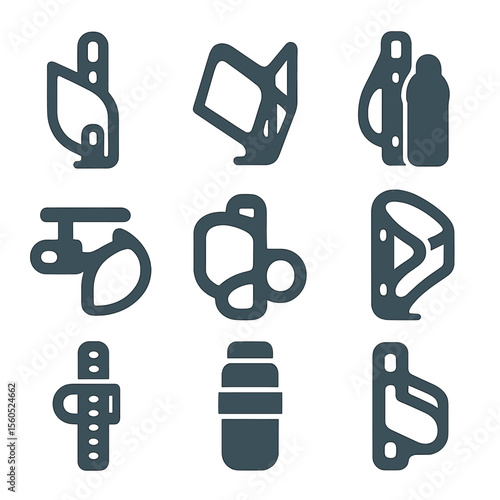 Bike Bottle Cage Icons. Flat icon set of bike bottle cages: road frame mount, mountain bike side cage, aero bottle holder, seat