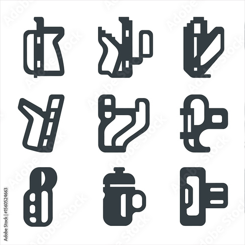 Bike Bottle Cage Icons. Pixel art icon set of bike bottle cages: road frame mount, mountain bike side cage, aero bottle holder,