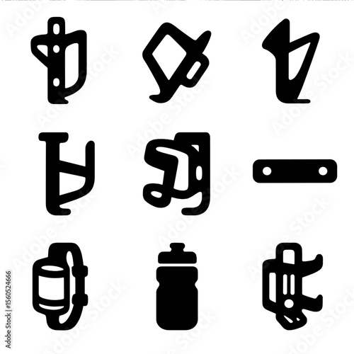 Bike Bottle Cage Icons. Solid, Filled icon set of bike bottle cages: road frame mount, mountain bike side cage, aero bottle holder