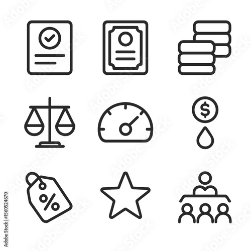 Capital Structure Icons. Outline icon set of capital structure: equity share, bond certificate, debt stack, balance scale,