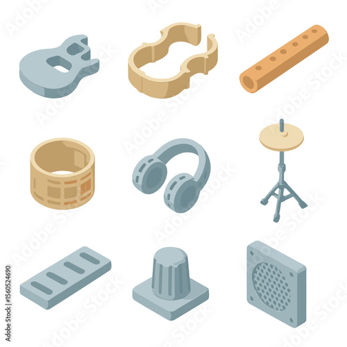 3D-Printed Music Icons. Isometric Flat icon set of 3D-printed musical instrument prototypes: guitar body, violin frame, flute