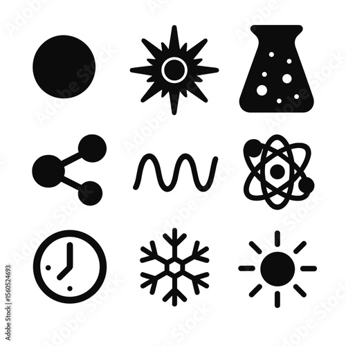Big Bang Icons Set. Solid, filled icon set of big bang theory: singularity point, energy burst, early universe, quark-gluon plasma
