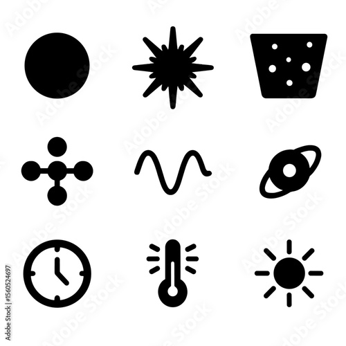 Big Bang Icons Set. Solid, filled icon set of big bang theory: singularity point, energy burst, early universe, quark-gluon plasma