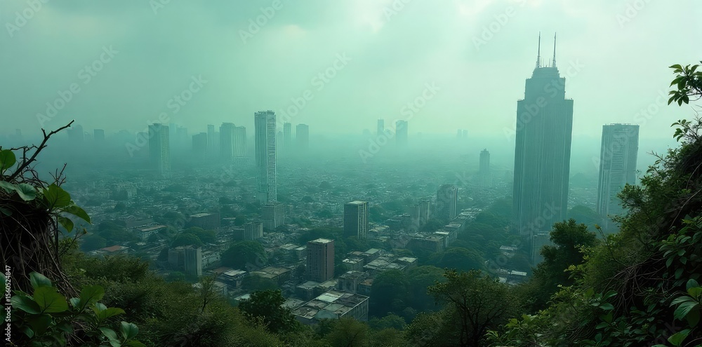 Fototapeta premium Desolate Cityscape Overgrown Skyscrapers Pierce a Smog-Choked Sky - Haunting Vision of Urban Decay and Environmental Collapse