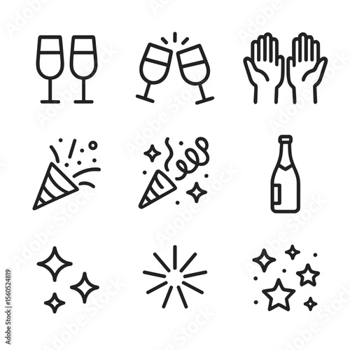 Celebration Icon Set. Outline icon set of celebratory toasts: champagne flutes, clinking glasses, raised hands, speech bubble