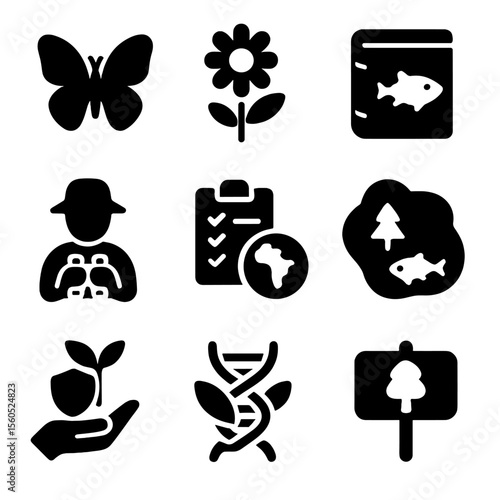 Biodiversity Icons Grid. Solid, filled icon set of biodiversity conservation: butterfly icon, native flower, species database,