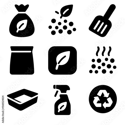 Biodegradable Waste Icons. Solid, Filled icon set of biodegradable waste solutions: compostable poop bags, biodegradable litter