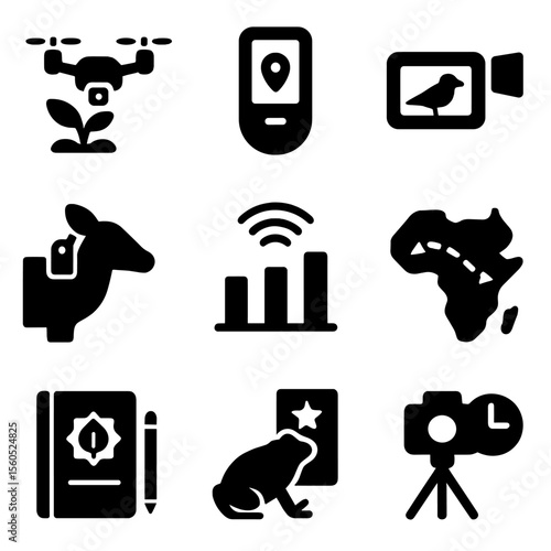 Biodiversity Monitoring Icons. Solid, filled icon set of biodiversity monitoring: drone view, GPS tracker, camera feed, animal tag