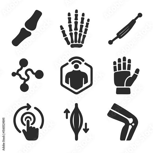 Biomechanics Icon Grid. Solid, filled icon set of biomechanics and haptics: finger joint, hand skeleton, tendon wire, nerve signal
