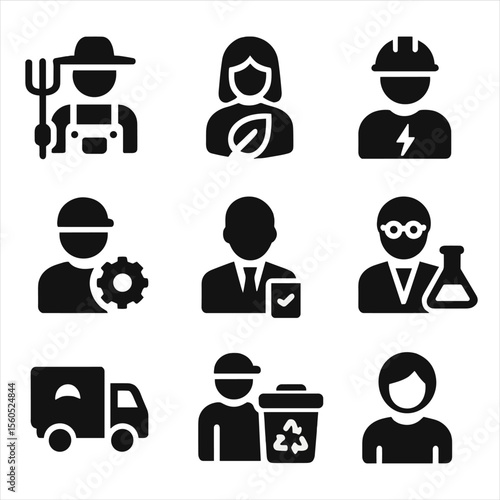 Bioenergy Stakeholder Icons. Solid, filled icon set of bioenergy stakeholders: farmer, technician, environmentalist, energy