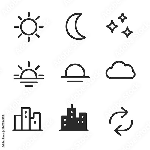 Day-Night Icon Set. Outline icon set of Day and Night Cycle: full sun, crescent moon, star cluster, sunrise over horizon, sunset