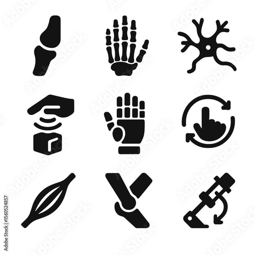 Biomechanics Icon Grid. Solid, filled icon set of biomechanics and haptics: finger joint, hand skeleton, tendon wire, nerve signal