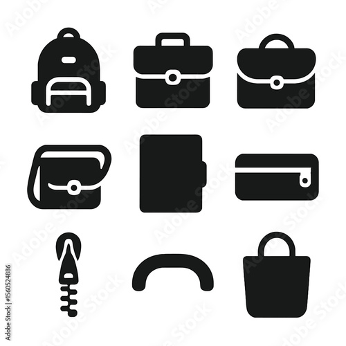Black Bag Icons. Solid, filled icon set of school and work bags: backpack, briefcase, laptop bag, shoulder strap, work folder,