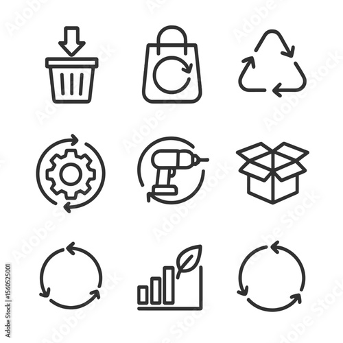 Circular Economy Icons. Outline icon set of Circular economy principles: reduce, reuse, recycle, remanufacture, refurbish, recover