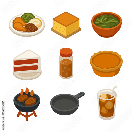 Black Cuisine Icon Set. Isometric Flat icon set of Black Cuisine and Food: soul food plate, cornbread, collard greens bowl, red