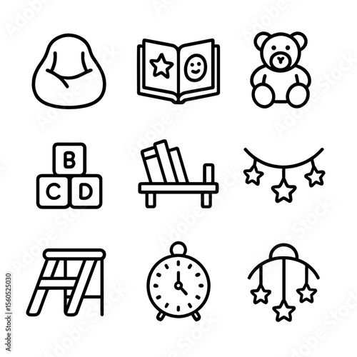 Children's Reading Icons. Outline icon set of children’s reading corner: kid’s beanbag, picture book, plush toy, alphabet blocks,