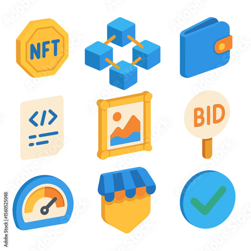 Digital Asset Icons. Isometric Flat icon set of digital asset and NFT auctions: NFT token icon, blockchain ledger, crypto wallet,