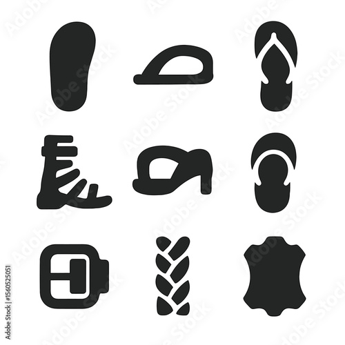 Black Footwear Icons. Solid, filled icon set of footwear details: sandal sole, sandal strap, thong sandal, gladiator sandal, heel