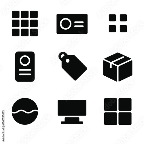 Black Icon Grids. Solid, filled icon set of visual brand components: icon set, logo lockup, minimal pattern, product label, tag