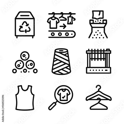 Circular Fashion Icons. Outline icon set of circular fashion production: textile collection bin, sorting conveyor, shredding