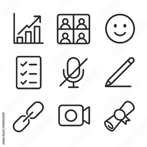 Classroom Engagement Icons. Outline icon set of digital classroom engagement: poll graph, breakout rooms grid, emoji reaction face