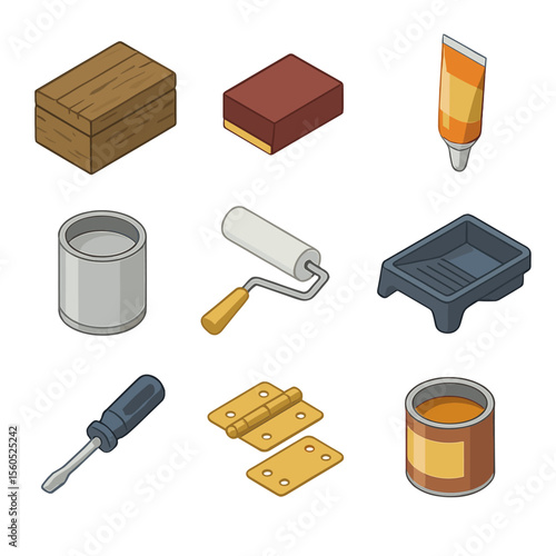DIY Wooden Box Icons. Isometric Flat icon set of DIY wooden box restoration: vintage wooden box, sandpaper block, wood filler tube