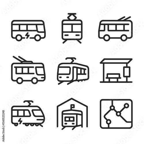Clean Transit Icons. Outline icon set of clean mass transit modes: electric bus, light rail tram, trolleybus, hydrogen fuel-cell