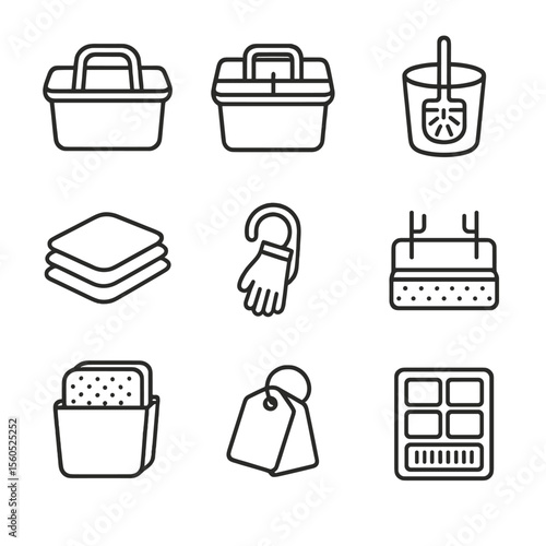 Cleaning Tools Icons. Outline icon set of cleaning caddy organization: plastic tote, divided bin, brush holder cup, microfiber